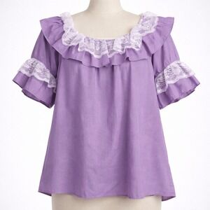 Vtg Handmade Lace Ruffle Peasant Top Sz XL Purple Cottagecore Regency Ren Faire